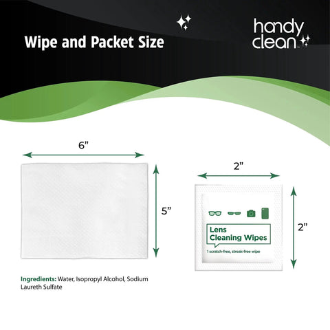 Size comparison of pre-moistened lens wipes for glasses and screens, showing 6x5 inch wipe and 2x2 inch packet.