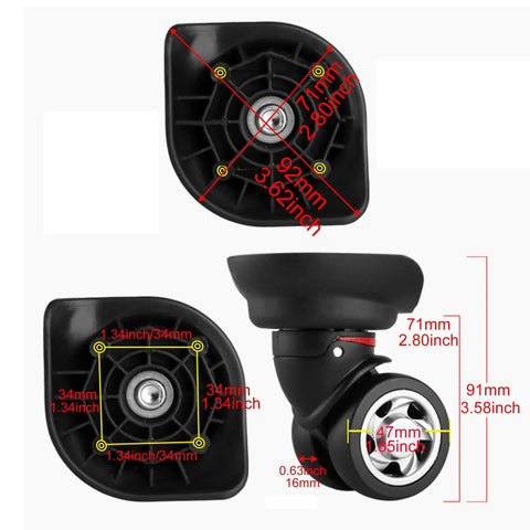 4 Pieces Universal Swivel Left Suitcase Wheel Replacement Black 360 Degree Wheel For Luggage 115W Series W055 Quiet