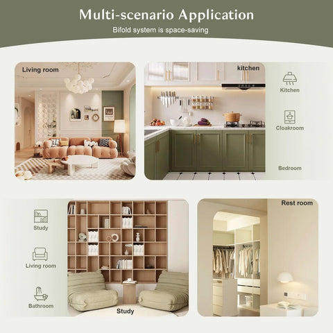 Various room setups showing bifold door applications in living room, kitchen, study, and rest room settings.