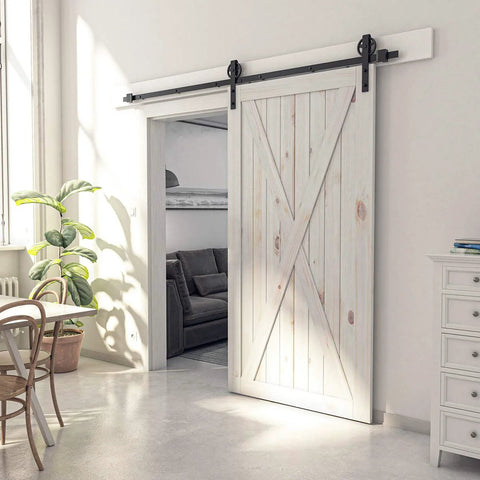 Installed Beefy 8 Foot Sliding Barn Door Hardware Kit Black Track System in modern interior setting