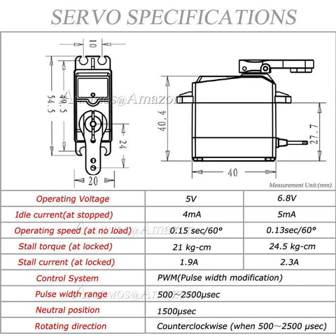 Specifications sheet for Beefy 25Kg RC Digital Servo With Full Metal Gear Waterproof 180 Degree Control Angle DS3225MG showing dimensions and specs.