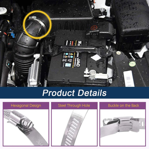 Hose clamp, 9–10 inch, 304 stainless steel, worm-gear, installed on a hose in a car engine bay