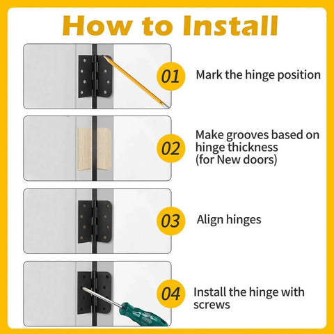 Installation steps for Built Tough Heavy Duty 4 Inch Black Exterior Door Hinges Three Pack With Removable Pin Square And Round Corner Design
