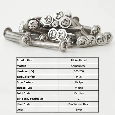 M4 Cabinet Screws Assortment Kit 25 To 50 Mm 100 Pcs Pan Washer Head Phillips Machine Screws for installation, silver nickel finish