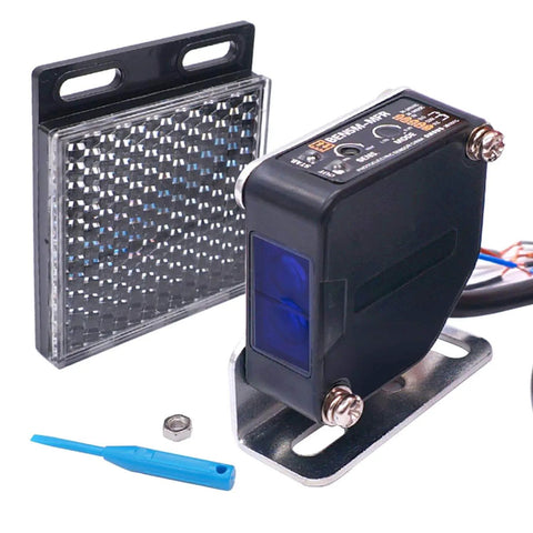 Indoor Wall Mounted Photoelectric Beam Sensor with dual voltage, retroreflective proximity switch, and green LED indicator, shown with a reflector.