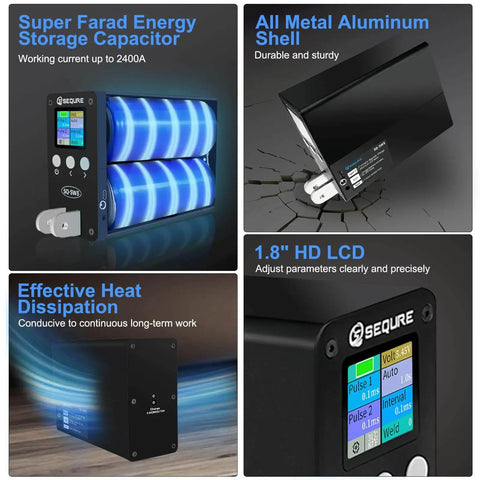 Collage showing 2500A Spot Welder For 18650 And 21700 Battery Packs with capacitor, aluminum shell, heat dissipation, and HD LCD.
