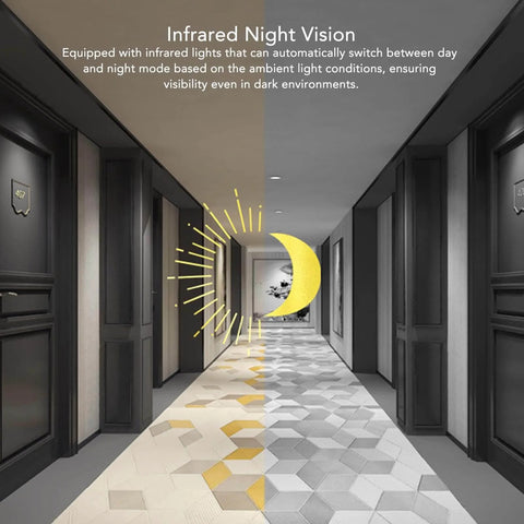 Image illustrating infrared night vision capability in a hallway, showcasing automatic day to night mode switch and visibility.