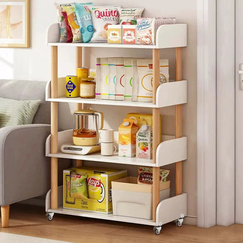 Wooden shelf with snacks and appliances on display, equipped with 1 Inch Swivel Plate Casters With Brake, L Bracket Side Mount.