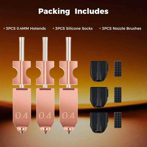 Upgraded 0.4mm Metal Hot End Nozzles Kit For 3D Printers showing 3 metal hot ends, silicone socks, and nozzle brushes