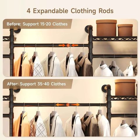 Industrial Pipe Wall Mounted Garment Rack With Walk In Closet System, Four Expandable Rods And Six Adjustable Shelves detail