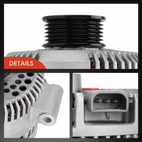Close-up of Beefy 12V 130Amp Alternator For Ford F150 1997 To 2003 And E Series Vans E150 E250 with 6 Groove Pulley