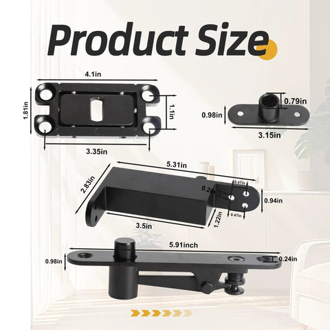 Self Closing Pivot Door Hinge, Heavy Duty Hidden Door Hardware For Wood Secret Doors, 360 Degree Shaft Stainless Steel, size dimensions