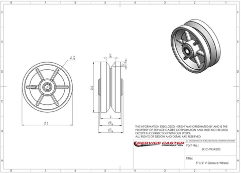 Technical drawing of 5 Inch Semi Steel Cast Iron V Groove Wheel With Roller Bearing 1100 Lb Capacity Wheel Only For Carts Rails Sliding Doors