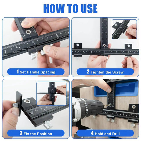 Steps to use Adjustable Cabinet Handle Template Tool For Doors And Drawers Aluminum Alloy Jig for cabinet hardware installation.