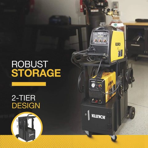 Two Tier Welding Cart With Locking Cabinet, Heavy Duty Shop Organizer holding welding equipment, gas cylinder, and cables