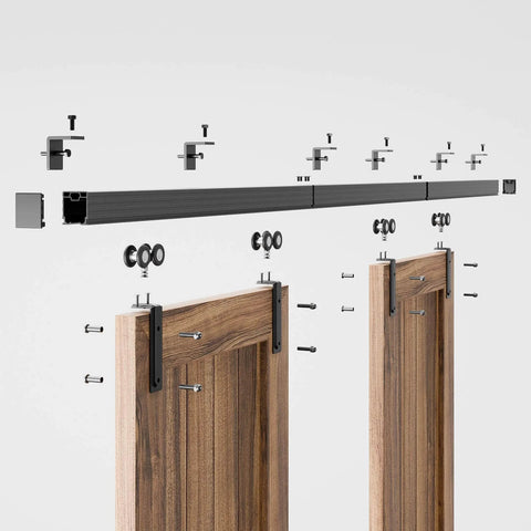 Exploded view of 10ft Box Rail Sliding Barn Door Hardware Kit For Wall Mount Double Doors Built To Last Heavy Duty Black Exterior
