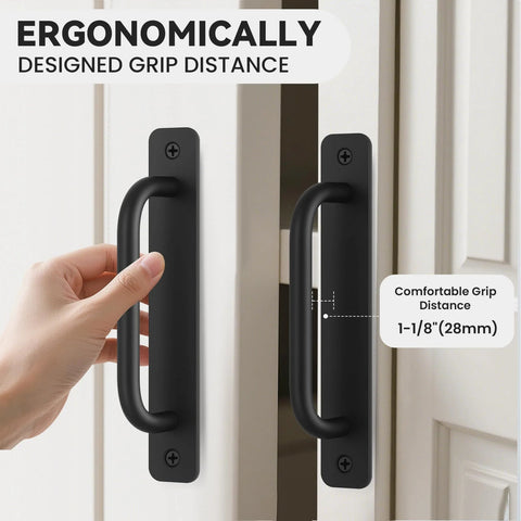 Black Barn Door Handles 5.9 Inch Gate Pulls For Outdoor Fence Heavy Duty Aluminum Alloy Sliding Closet Door Handles shown installed