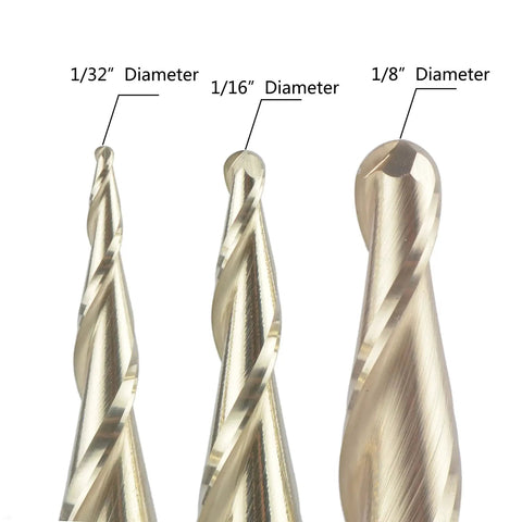 Close-up of Pro Grade Carbide Ball Nose Router Bit Set For CNC Engraving And Wood Carving 1/64in 1/32in 1/16in Radius 2 Flute Spiral End Mills showing bit diameters.