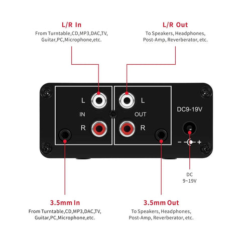 Back panel of Mini Stereo Audio Preamplifier And Headphone Amplifier With 20dB Gain showing RCA and 3.5mm inputs and outputs