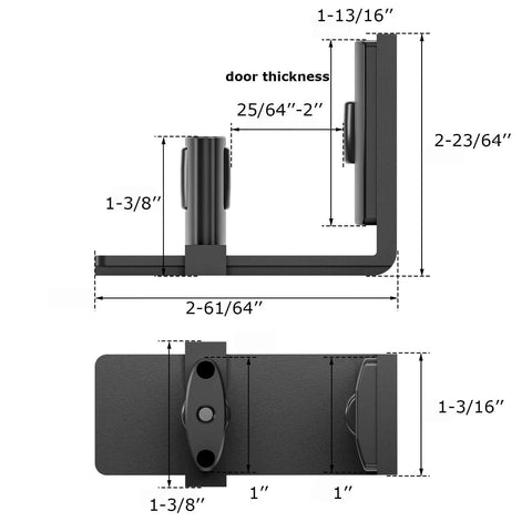 Sliding Barn Door Floor Guide With Adjustable Bottom Rollers, Double Nylon Wheels, Wall Mounted Black Finish shown with dimensions.