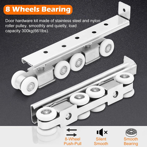 Built Tough Heavy Duty Sliding Barn Door Hardware Track Kit, Silver Closet Pocket Rail With 8 Wheel Hanger System