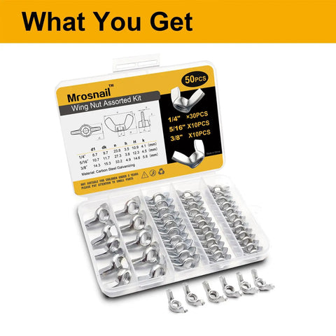 Assorted Wing Nuts Kit 50 Pieces With Size Range 1/4-20 5/16-18 3/8-16 SAE Steel Zinc Plated Carbon Steel Butterfly Wing Nuts