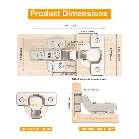 Diagram of 2 Pack Inset Soft Close Cabinet Hinges For Frameless European Kitchen Cabinets With 35mm Cup Clip On installation dimensions.