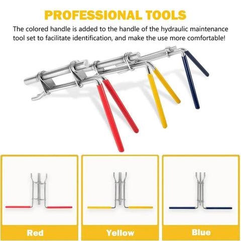 Three Pack Hydraulic Seal Installation Tools Kit For Cylinder Piston Repair And U-Cup Rod Seals Pro Grade Upgraded Seal Twistor Install Tool Set With Three Sizes For Quick Easy In-Cylinder Install showing red, yellow, and blue handles