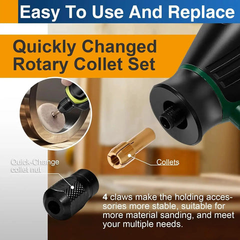Close-up of Brass Rotary Tool Collet Set With 1mm 1.6mm 2.4mm 3.2mm Sizes 2 Pack showing easy installation and removal process.