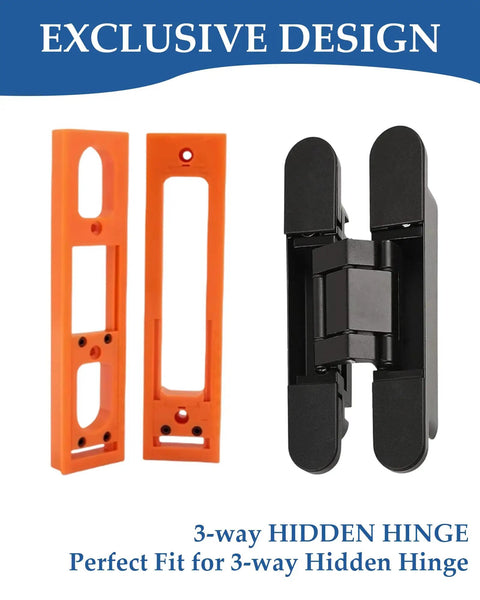 5.5-Inch Hidden Hinge Mortiser Template For Door Installation With Universal Compatibility For Most Routers And Hidden Door Hinges Precision Jig with 3-way hidden hinge and orange template.