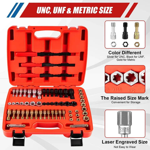 61 Pcs Thread Repair Kit With UNC UNF Metric Chasers Taps Dies And Pitch Gauge in red case, open view, showing tools.