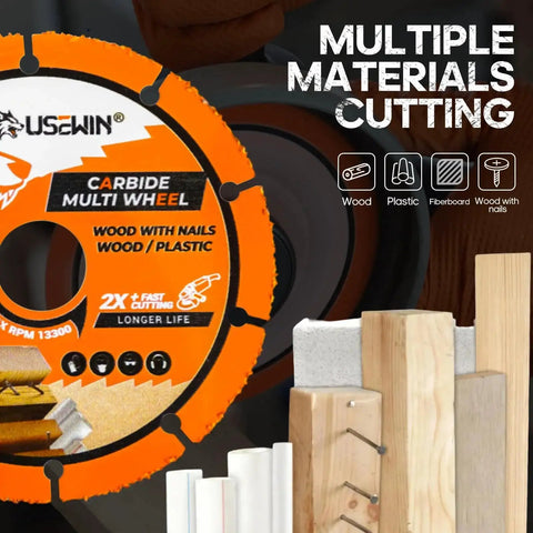Four And A Half Inch Carbide Cut Off Wheel For Angle Grinder 2 Pack Durable Cutting Disc displayed with materials like wood and plastic
