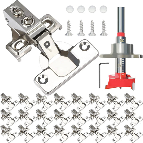 BESTEEL 24-pack 1/2 in overlay soft-close cabinet hinges, stainless steel, with screws, drilling tool, and manual