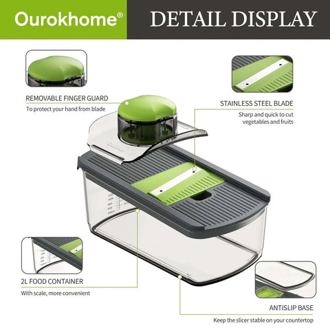 Mandolin Slicer For Kitchen 6 In 1 With 6 Razor Sharp Blades And Expanded Hand Guard from Ourokhome, showing assembled design