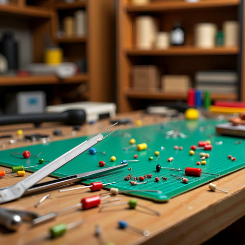 Soldering tools on a green workbench mat with tweezers and scattered resistors/capacitors