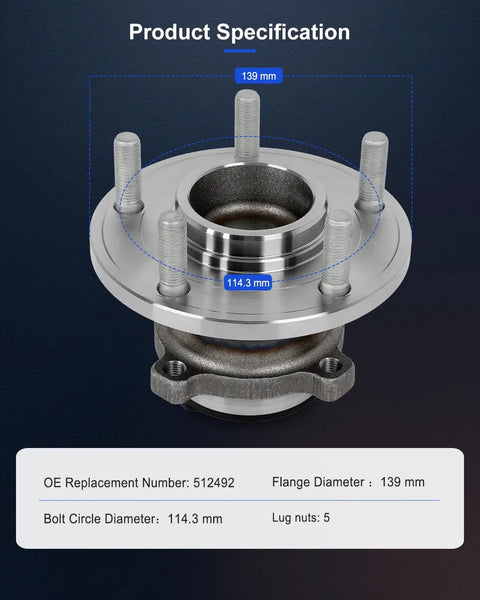 Front view of Rear Wheel Hub And Bearing Assembly For Kia Forte 2010 2013 Forte Koup 5 Lug With ABS Direct Fit OE Quality Plug And Play 2 Piece Set