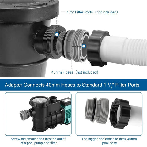 Pool Hose Adapter Kit 40mm To 1.5 Inch For Above Ground Pools, 2 Pack Grey, showing installation on filter port with hose