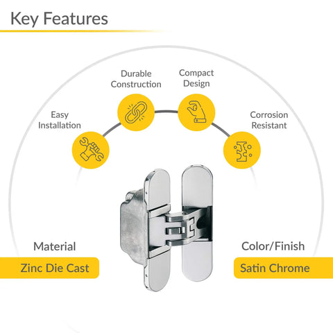 3D Adjustable 95 Mm Door Hinge For Left Or Right Hand Doors In Satin Chrome Finish Zinc Alloy Build displayed with key features
