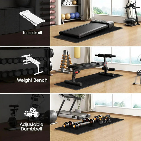 Home gym with equipment on heavy duty floor protector mat for home gym equipment 55 by 24 inches, quarter inch thick, foldable floor pad.