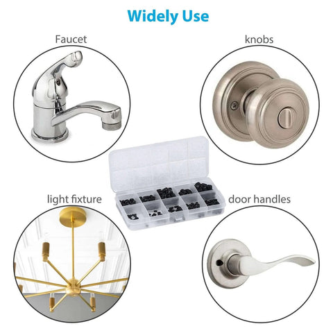 Must Have 200 Piece Internal Hex Drive Cup Point Grub Screw Set In Metric M3 To M8 With 10 Sizes And 5 L Wrenches Heavy Duty Carbon Steel Corrosion Resistant, shown with faucet, knobs, light fixture, door handles.