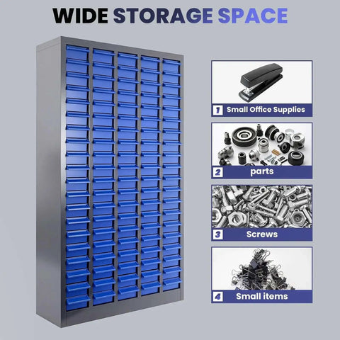 Heavy Duty 100-Drawer Small Parts Storage Cabinet With Removable ABS Drawers, Dividers And Labels, 26 By 9 By 46 Inch Bolt Bin Organizer For Garage And Workshop Use, Laser Welded Galvanized Steel Frame For A True Workhorse Build