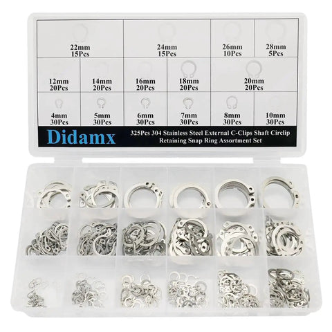 325 Pieces 304 Stainless Steel External C Clips Circlips Retaining Snap Ring Assortment Set For Shafts Cylinders Valves Machinery And DIY Enthusiasts Pro Grade Outdoor Projects in a labeled case with compartments showing assorted sizes from 4mm to 28mm.