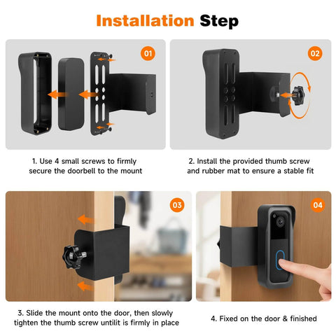 Installation steps showing Anti Theft Metal Doorbell Mount With Rain Cover For Blink Video Doorbell Gen 1 And Gen 2 No Drilling