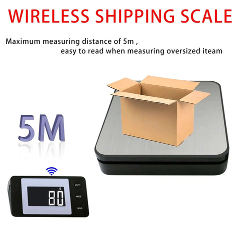 110 Lb Digital Postage Scale With LCD Display And Hold Tare Function, Wireless LCD Range Up To 5 Meters, showing a package on top.