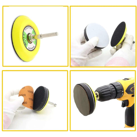 All In One 3 Inch Sanding Discs Set For Rotary Tools With Headlight Restoration Kit, displayed with shank backing pads