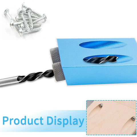 Pocket Hole Jig Kit For Woodworking With 15 Degree Drill Guide And Durable Aluminum Fixture in use with drill and screws visible
