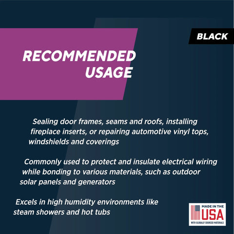 High-heat silicone sealant packaging with purple Recommended Usage banner, dark blue background, and Made in USA badge.