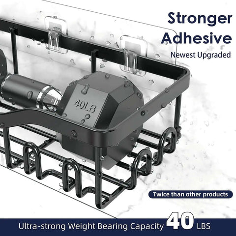 Side view of 7 Pack Adhesive Shower Caddies With 24 Hooks Rustproof Stainless Steel Bathroom Shelves showing 40 lbs weight capacity.