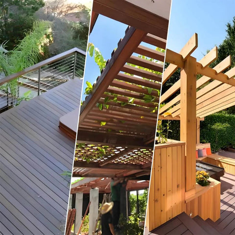 Wooden deck and timber pergola structures built with Heavy Duty Exterior Wood Screws No 14 X 4 Inch in outdoor settings.