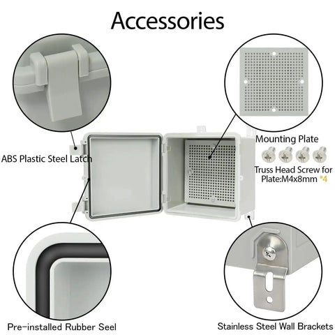 IP65 Waterproof Outdoor Junction Box With Hinged Lid, includes ABS plastic latch, mounting plate, screws, and steel wall brackets.